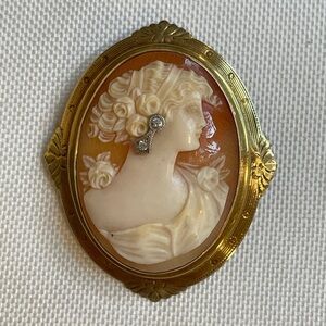 Vintage Antique 14k Gold Diamond Earring Cameo Brooch Pin
